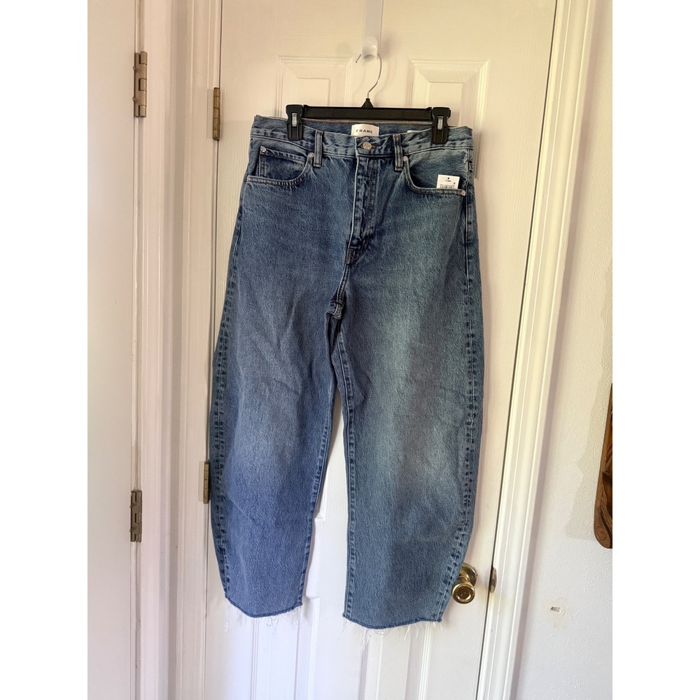FRAME The Bubble High Rise Crop Barrel Leg Jeans Knock Out Blue Size 28 NEW - Picture 3 of 5